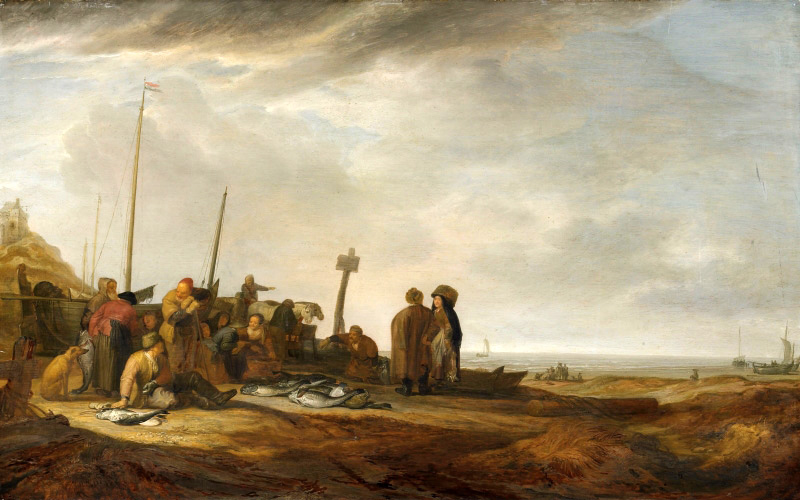 dune and beach view with lighthouse and fishermen
